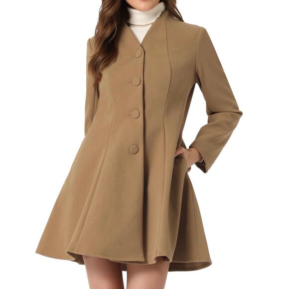 Allegra K camel Single Breasted A Line Mid-long Winter coat brown Med NWT - Picture 1 of 11